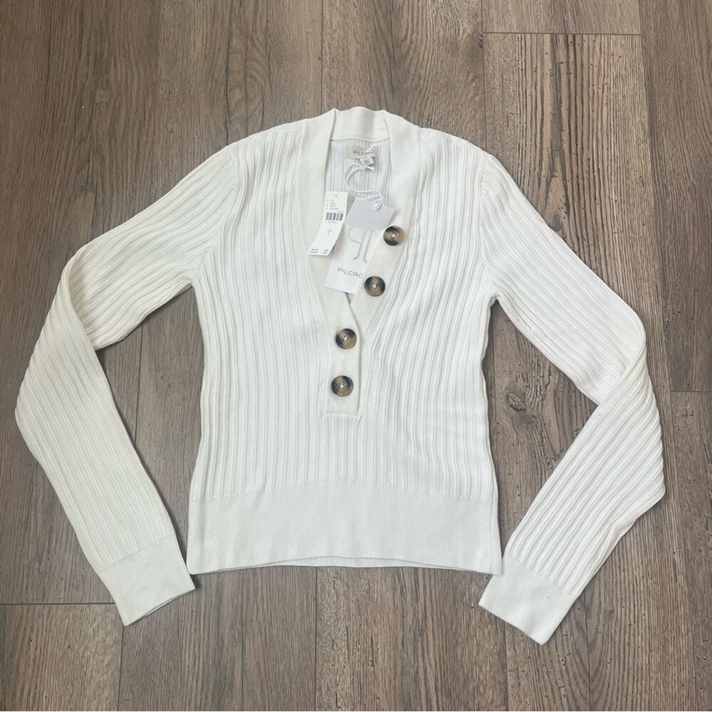 Pilcro Ivory Ribbed V-Neck Sweater with Offset Button Detail - Picture 2 of 6